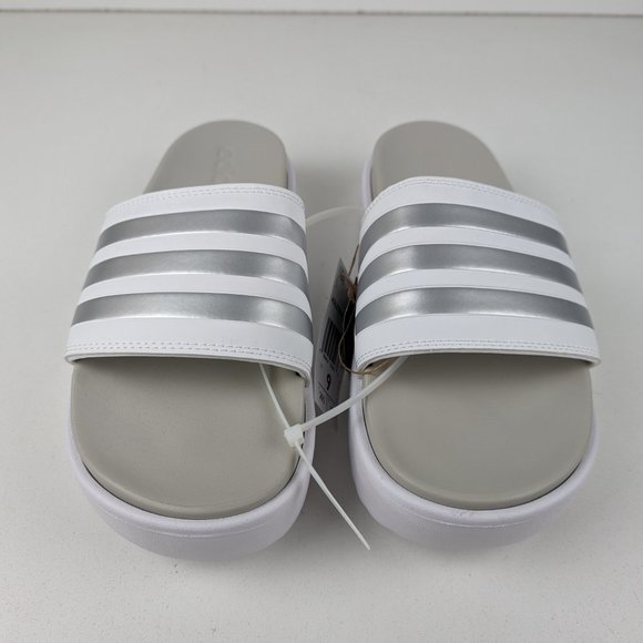 Women's Adidas Adilette Platform Slides Cloud White / Zero Metalic / Grey One - Picture 3 of 8